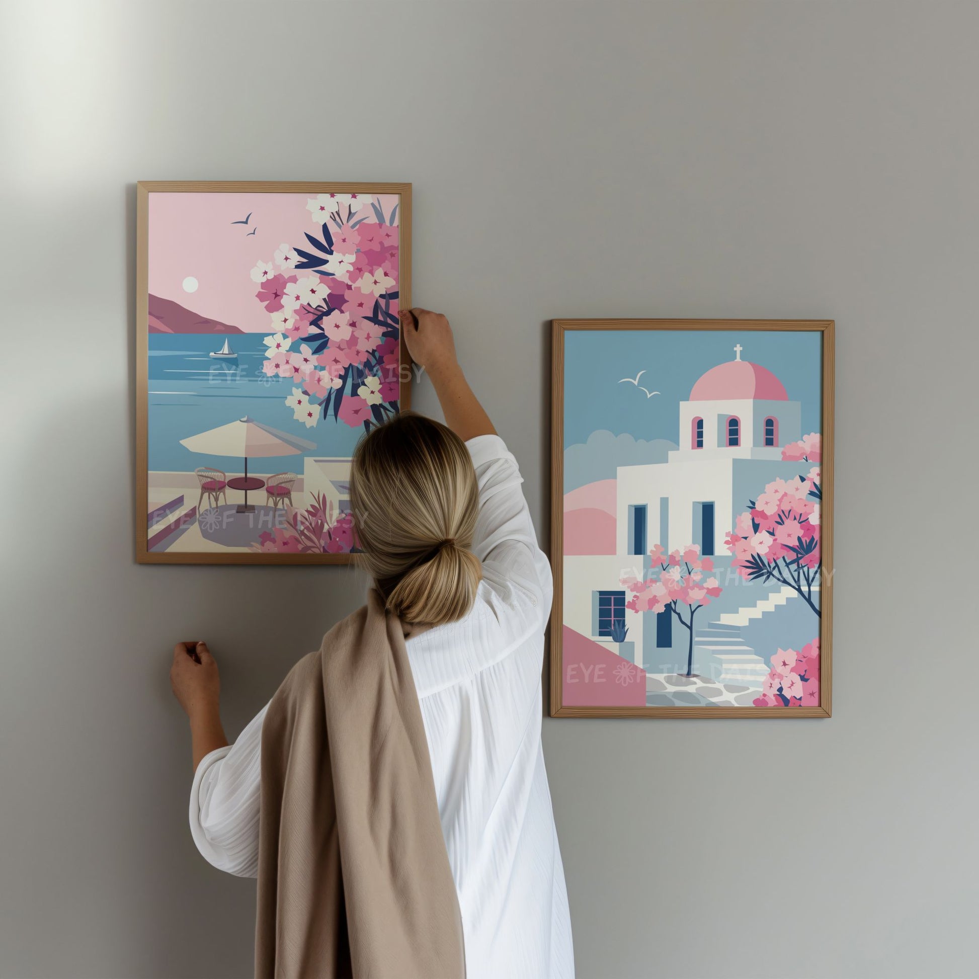 Set of 2 Greece travel prints with bougainvillea and sea view, Paros island digital download for boho living room decor