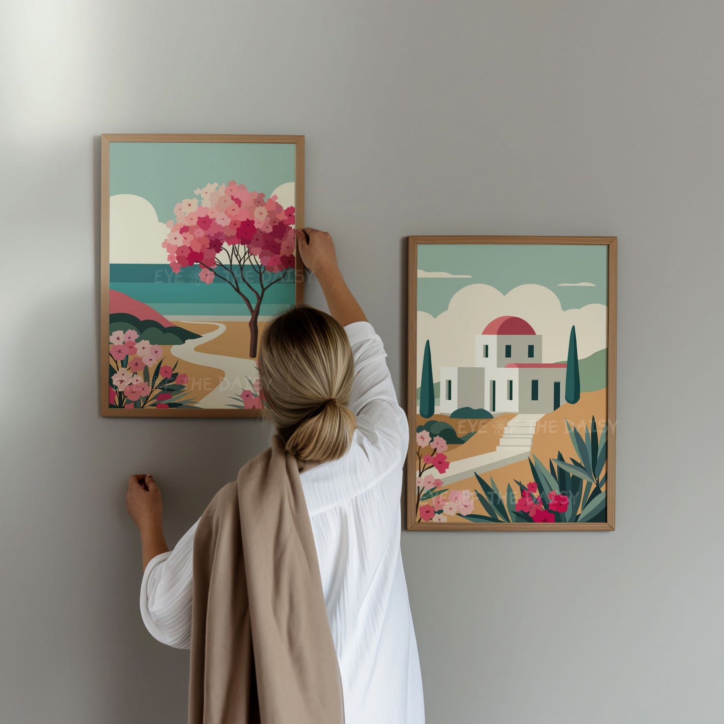 Cyclades Greek island minimal landscape print set of 2, with coastal scene, and bougainvillea - makes great boho rental decor