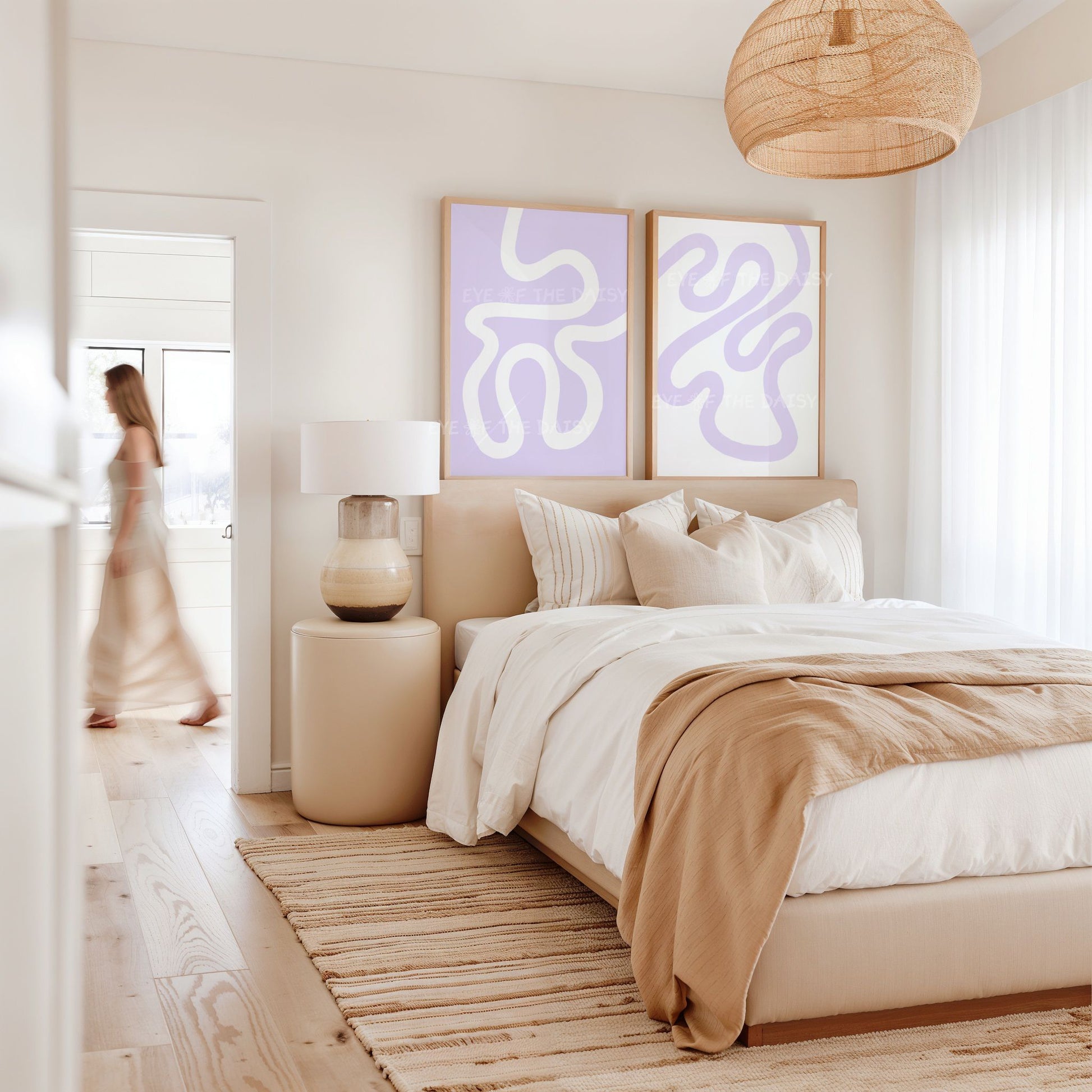 Lilac abstract print set – funky line art posters, downloadable wall art for cute vacation rental decor or guest spaces