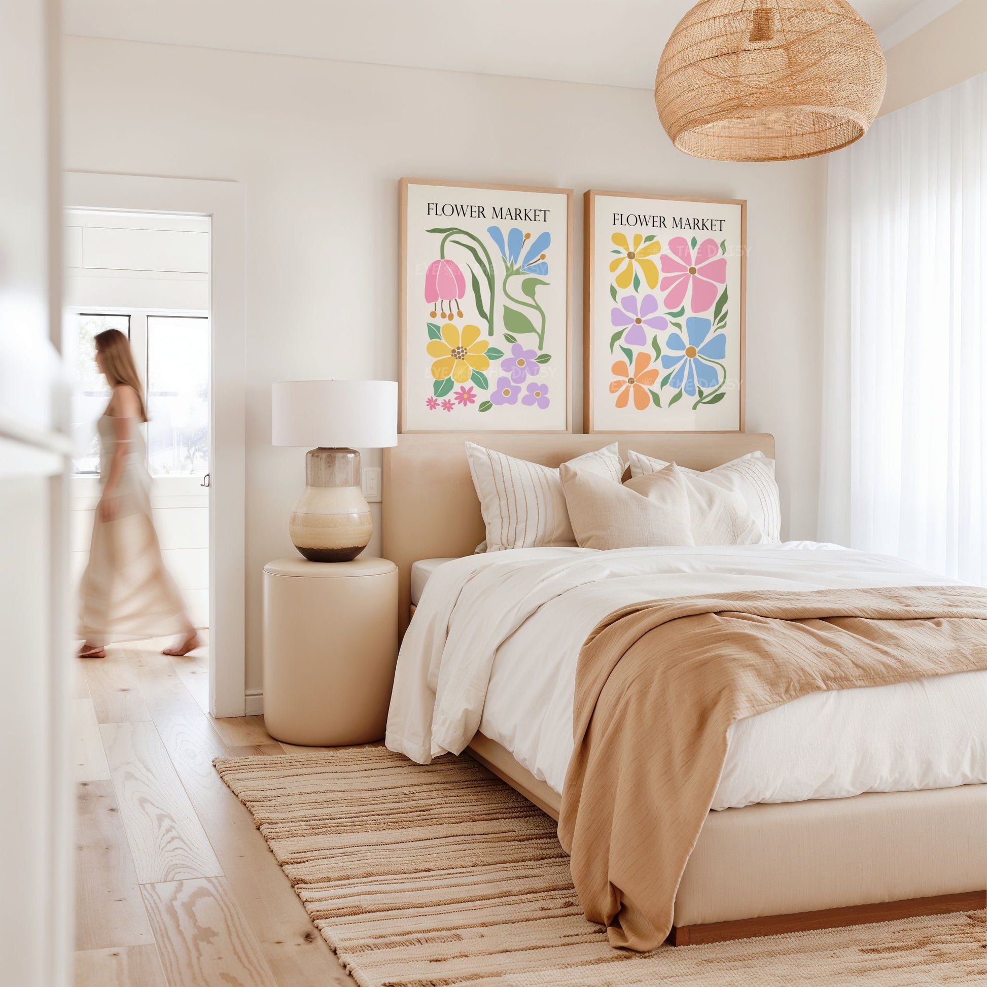 Cute pastel flower wall art for dorm room – set of 3 Flower Market prints, printable botanical triptych for colourful student decor