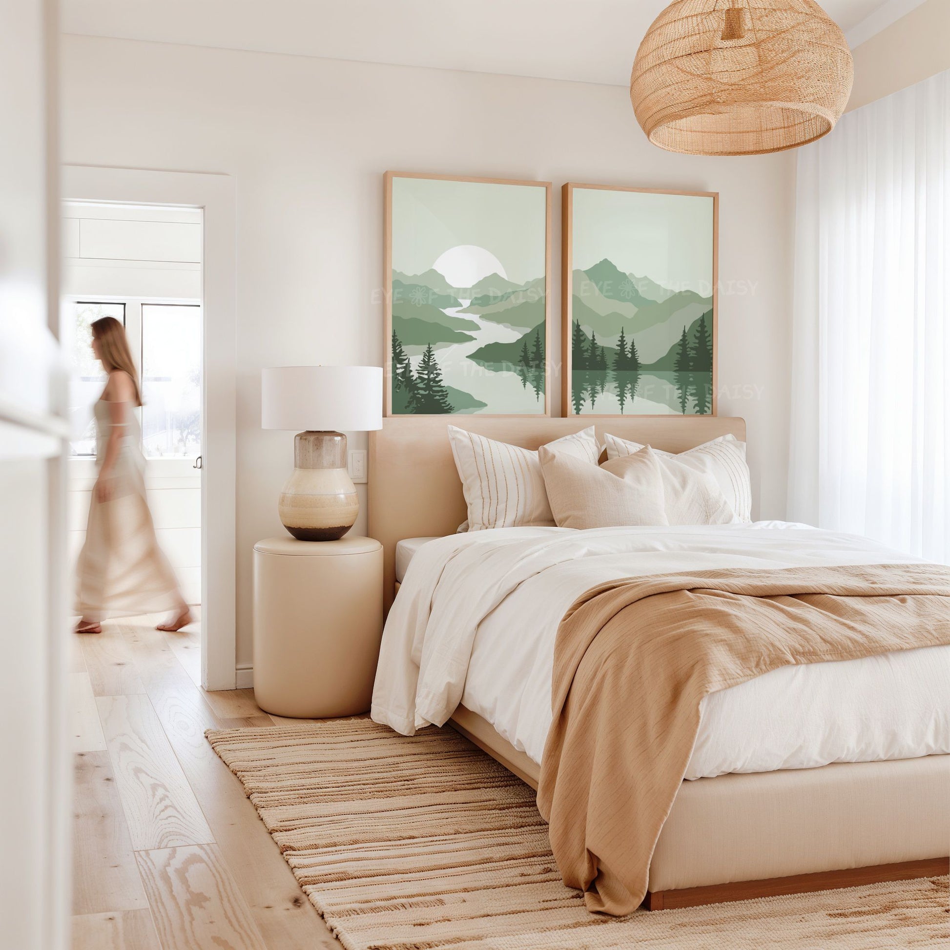 Sage green abstract mountain landscape prints for bedroom – mid-century modern printable wall art set of 2, instant digital download