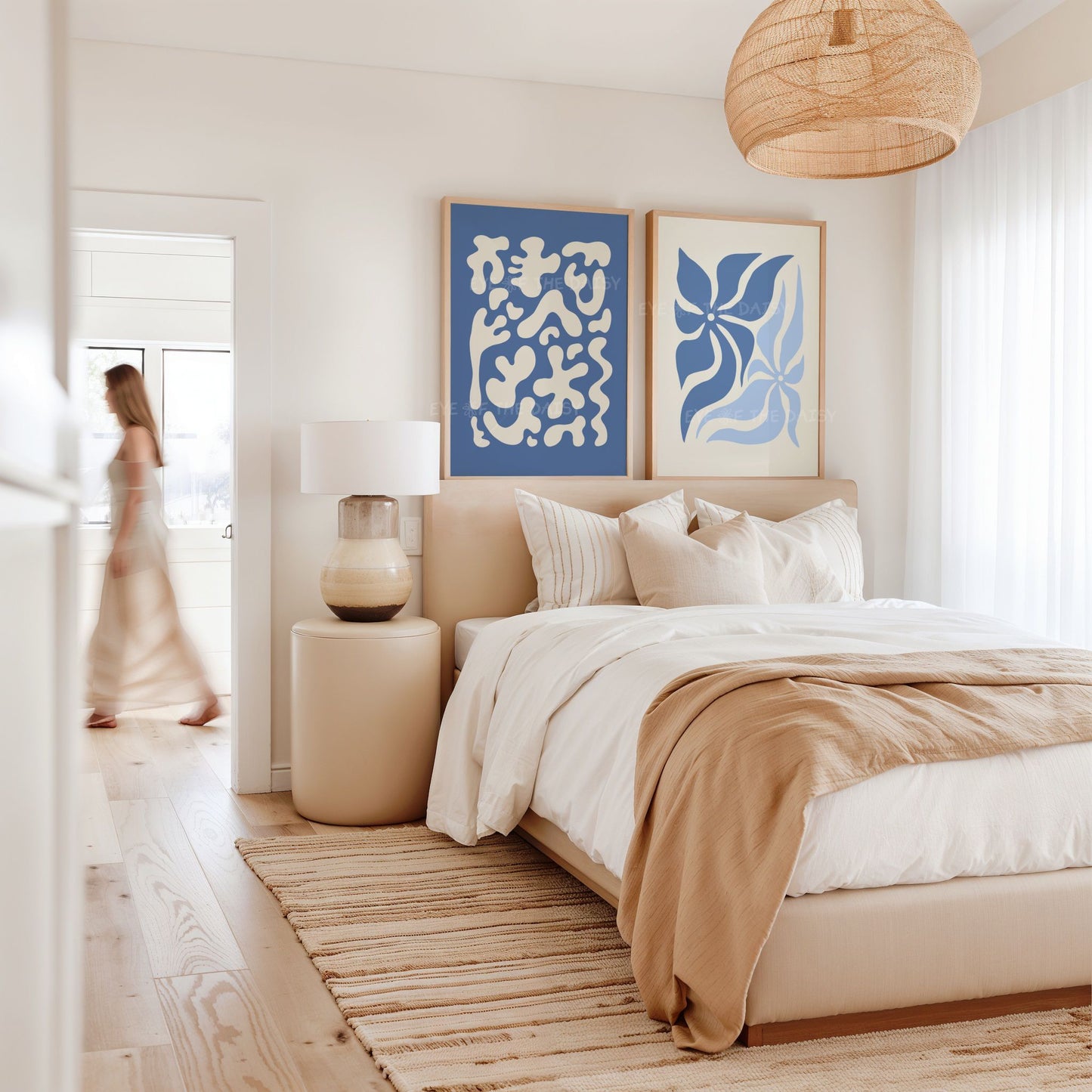 Modern botanical print set of 4 – navy and beige abstract floral cut-outs, printable wall art perfect for stylish vacation rental decor