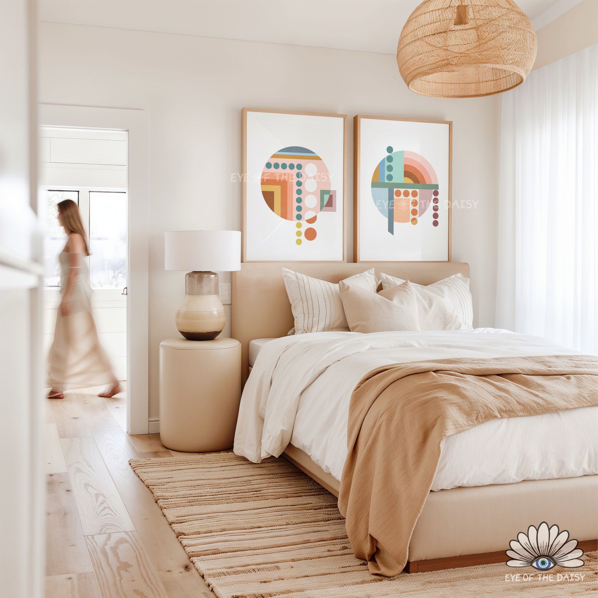 Warm colour geometric above bed decor, modern Bauhaus poster set of 3 in warm colours