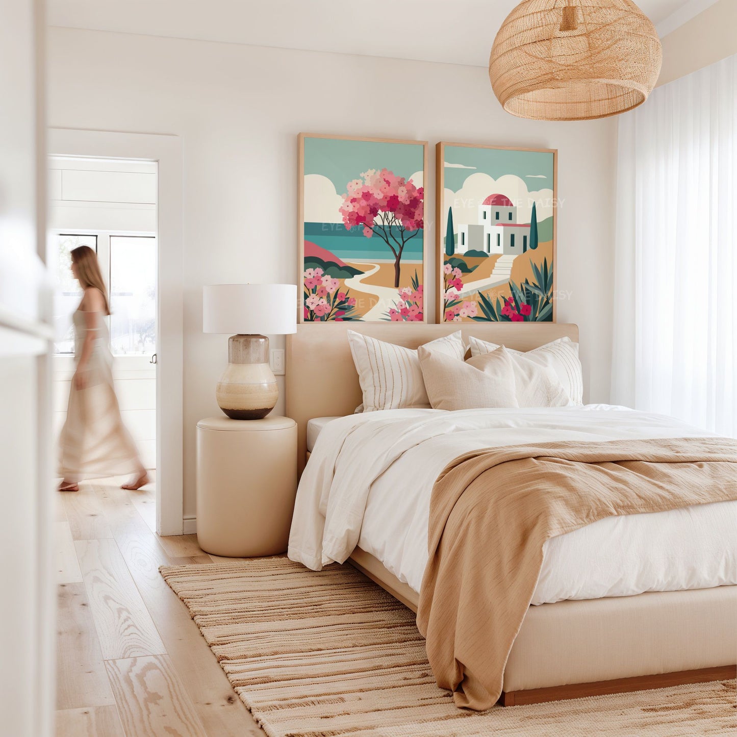 Set of two Paros prints - Greek island printable wall art with abstract Mediterranean landscape scenery in teal, pink, mustard