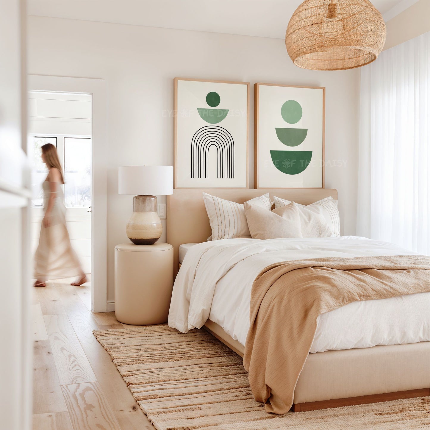 Sage green &  dark green mid century modern boho printable art prints on the wall in a beige natural bedroom