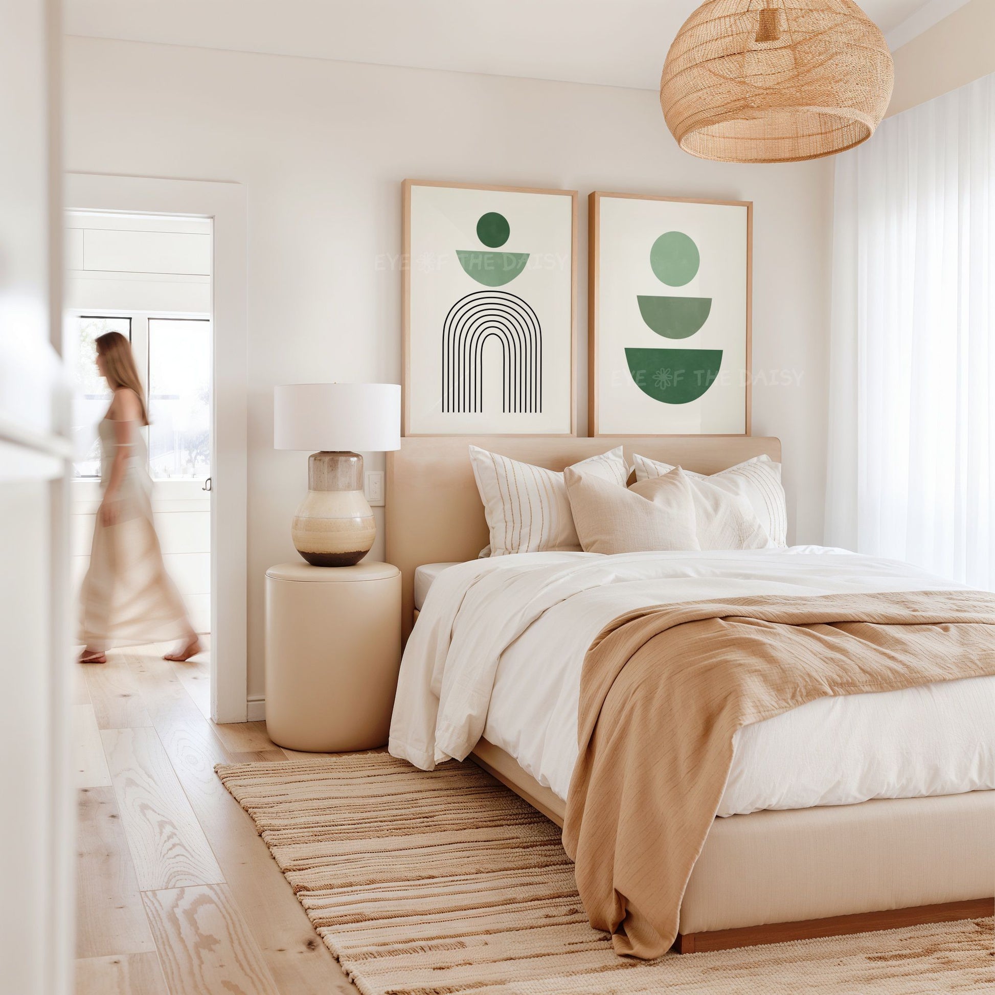 Sage green &  dark green mid century modern boho printable art prints on the wall in a beige natural bedroom