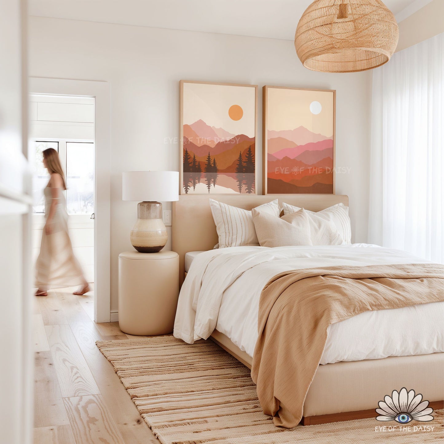 Sun sea mountain lake 3 piece wall art, mid century modern printable wall art for boho bedroom