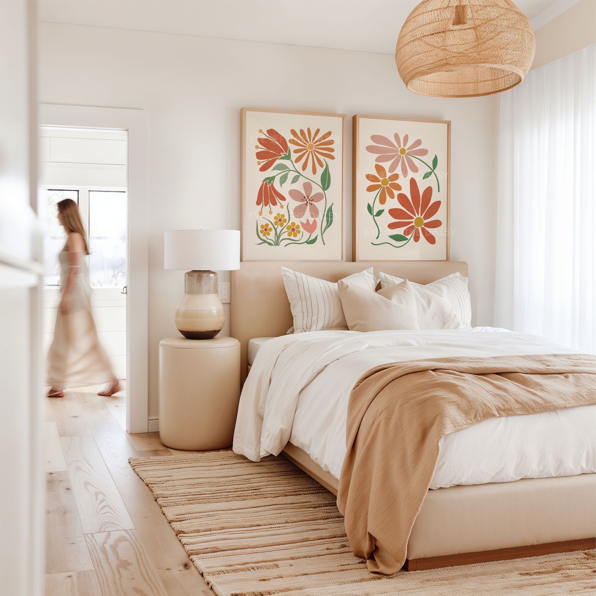 Abstract floral wall art prints set of 3 in earth terracotta mustard green rust tones on beige, makes great summer rental wall decor