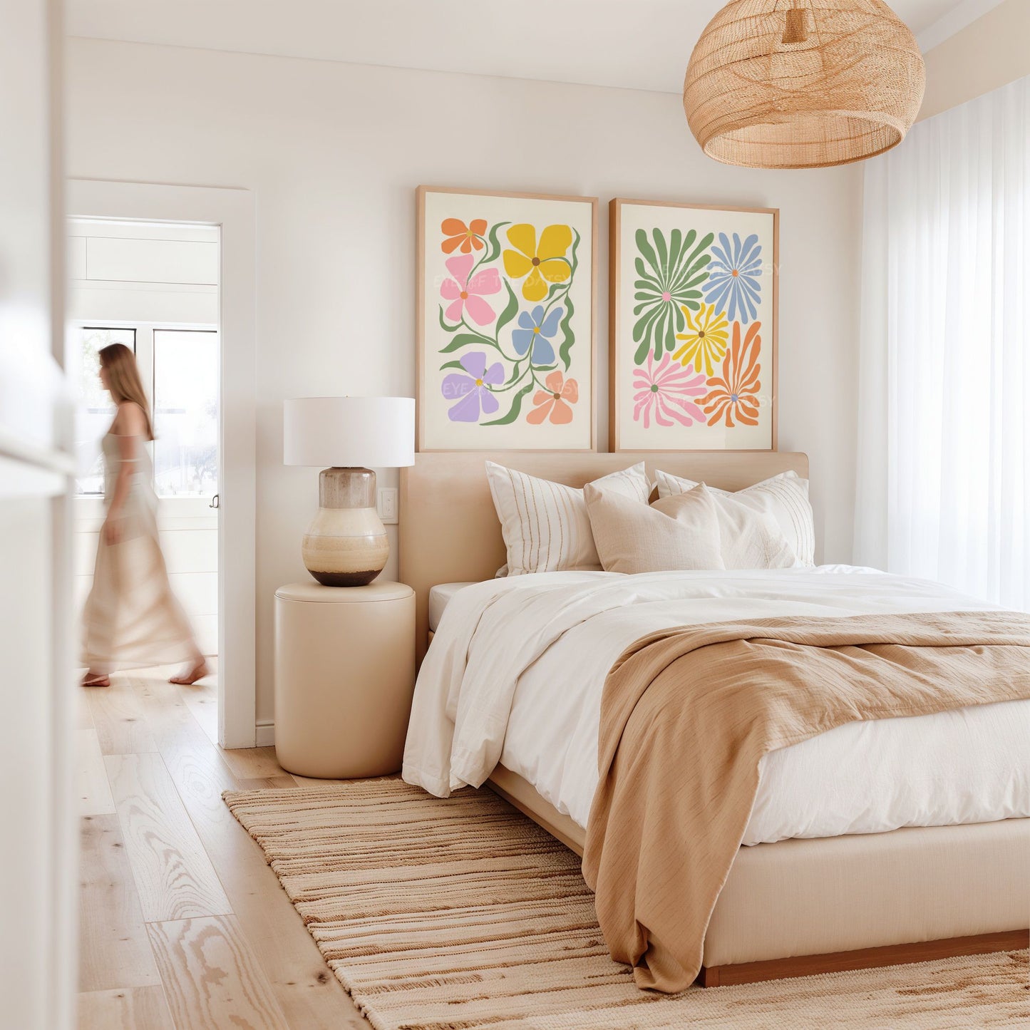 A set of three vibrant botanical abstract digital prints with colorful retro abstract flower cut-outs, great for bedroom decor