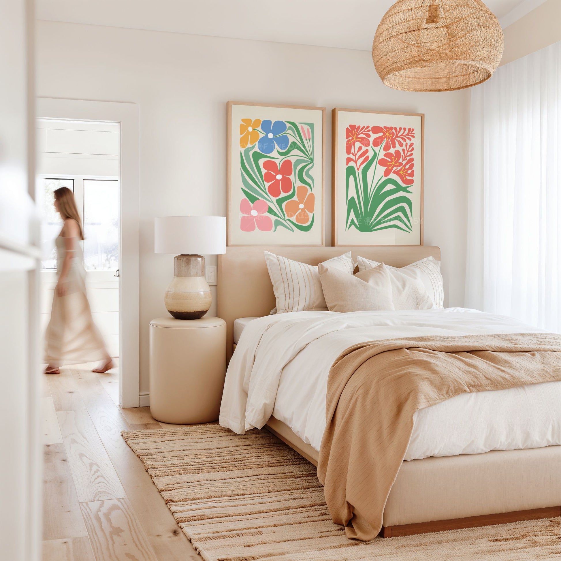 Modern botanical flower print set for Scandi-inspired bedroom, digital download of 3 posters with red, blush pink, mustard & blue florals