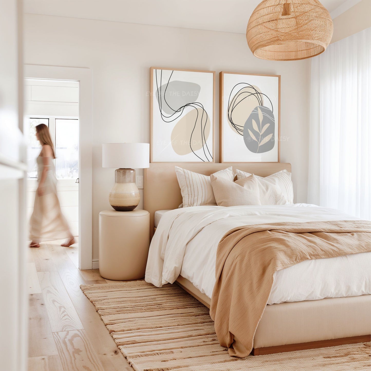 Abstract botanical line art print set in beige grey neutral tones for minimalist bedroom gallery wall, instant digital art download