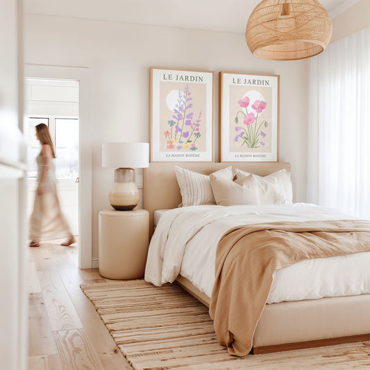 Pastel floral printable wall art set of 2 — pretty pink poppies and wildflowers digital download, perfect for boho chic bedroom decor