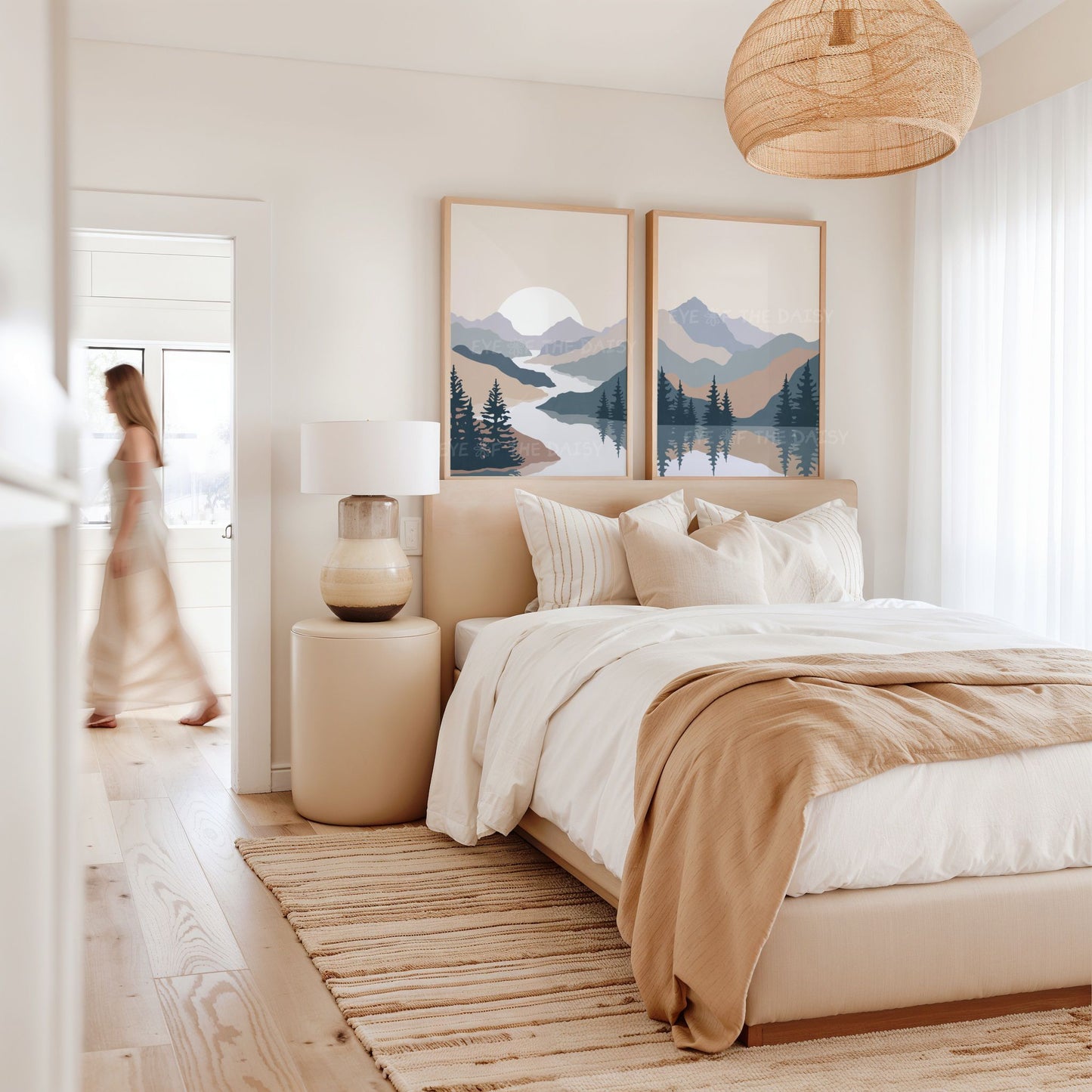 Set of 2 abstract landscape prints – navy and beige nature scenes, printable wall art for vacation rental wall decor