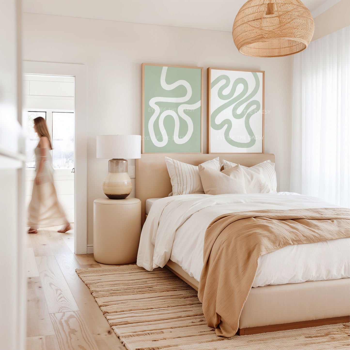 Minimalist abstract print set of 2 in sage green, calming wall art digital download for stylish holiday rental or guest bedroom