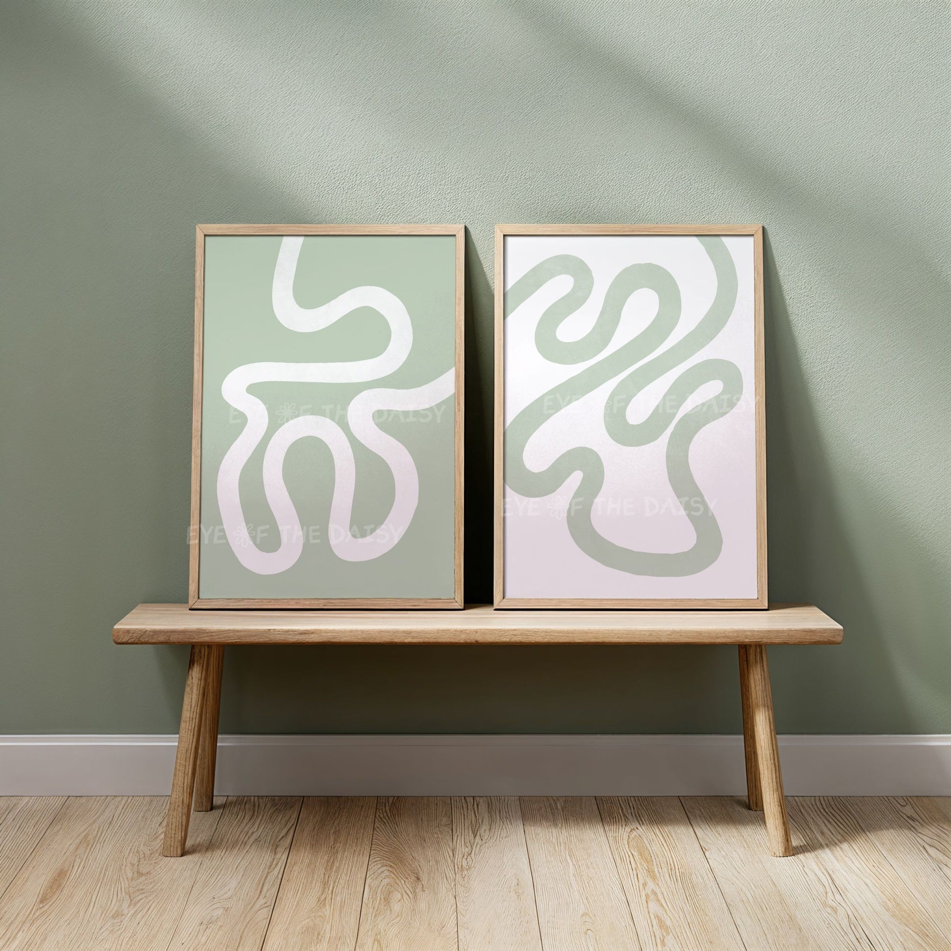 Printable abstract line art set of 2 in sage green, minimalist wall decor digital download for calm, modern home office space
