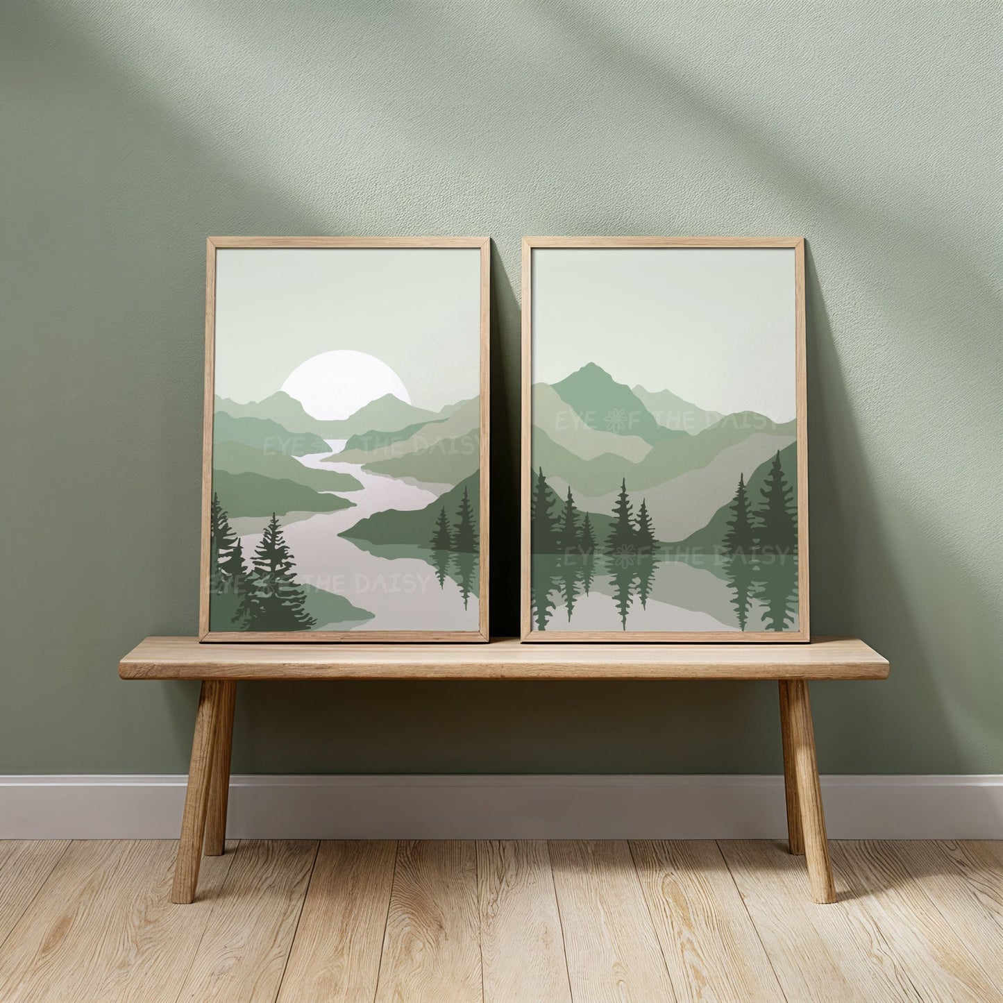 Mid-century modern mountain wall art set of 2 in sage green – printable abstract landscape poster, perfect digital download for living room
