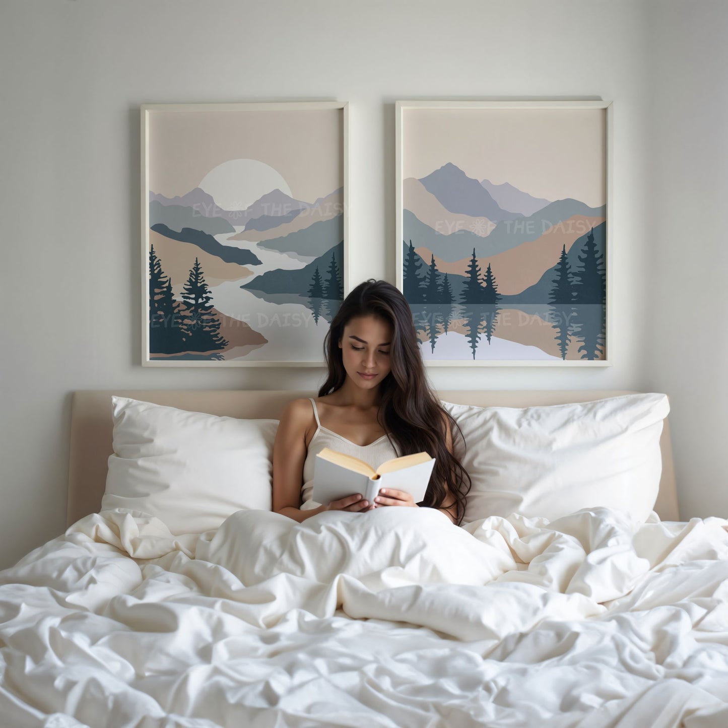 Nature wall art set of 2 – calming lake and tree landscape prints in navy and taupe, digital download for vacation rental wall decor