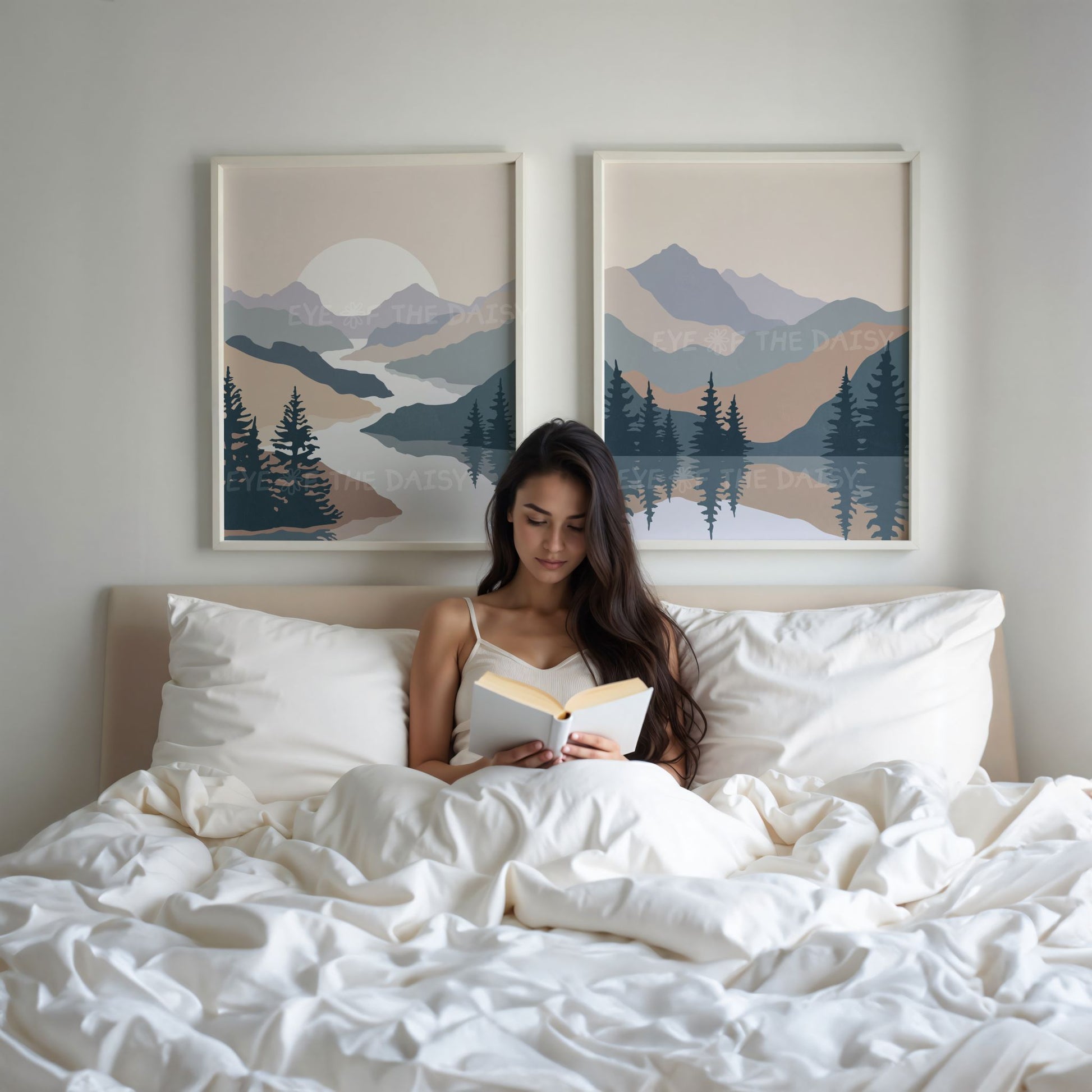 Nature wall art set of 2 – calming lake and tree landscape prints in navy and taupe, digital download for vacation rental wall decor