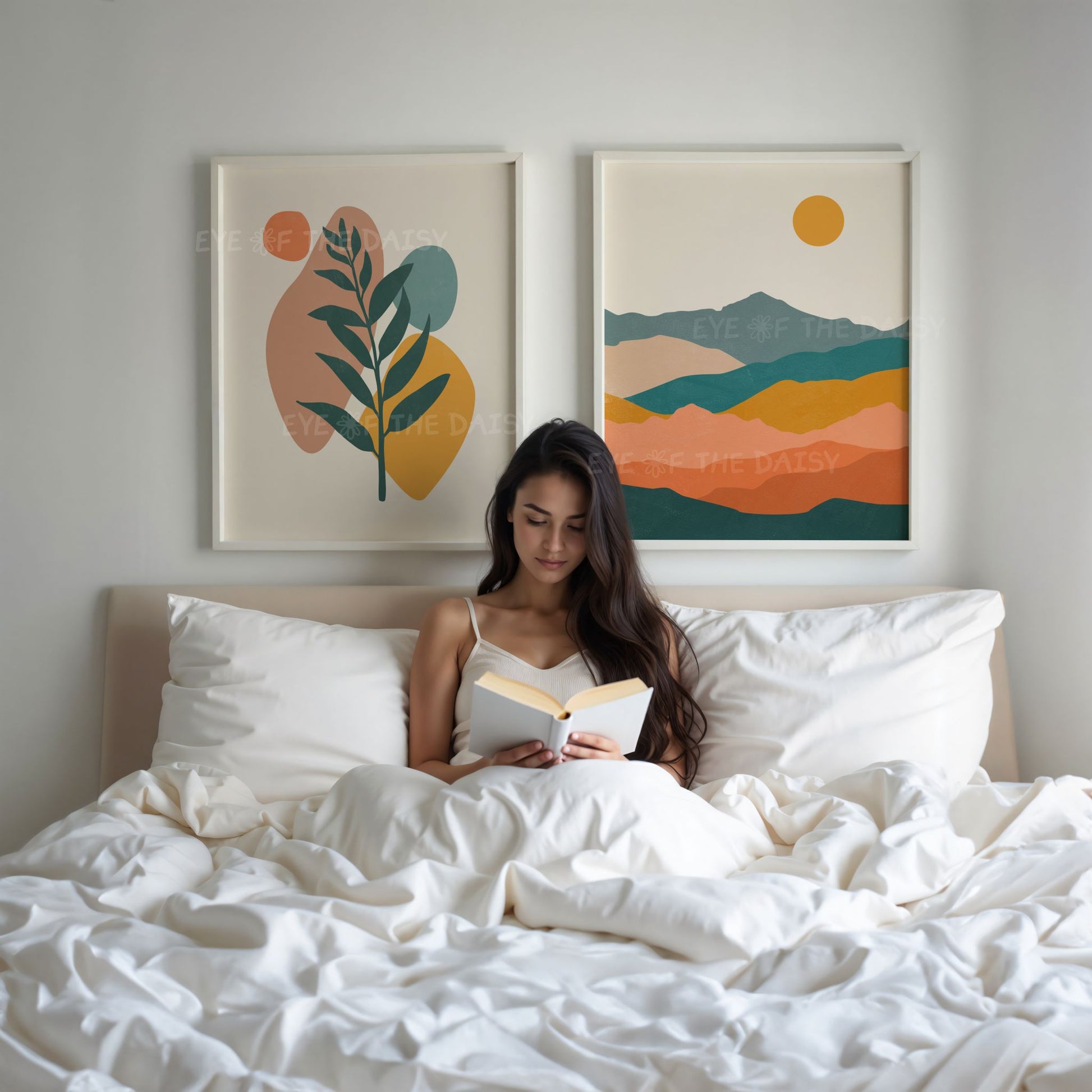 Boho gallery wall set of 6 prints, boho abstract printable posters above a bed for great summer rental wall art