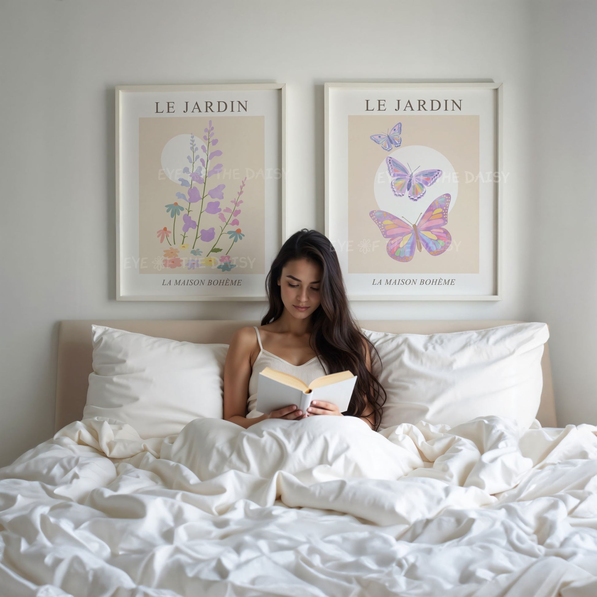 Printable wildflower and butterfly wall art — Le Jardin pink and lilac set for cute modern workspace or home office wall decor