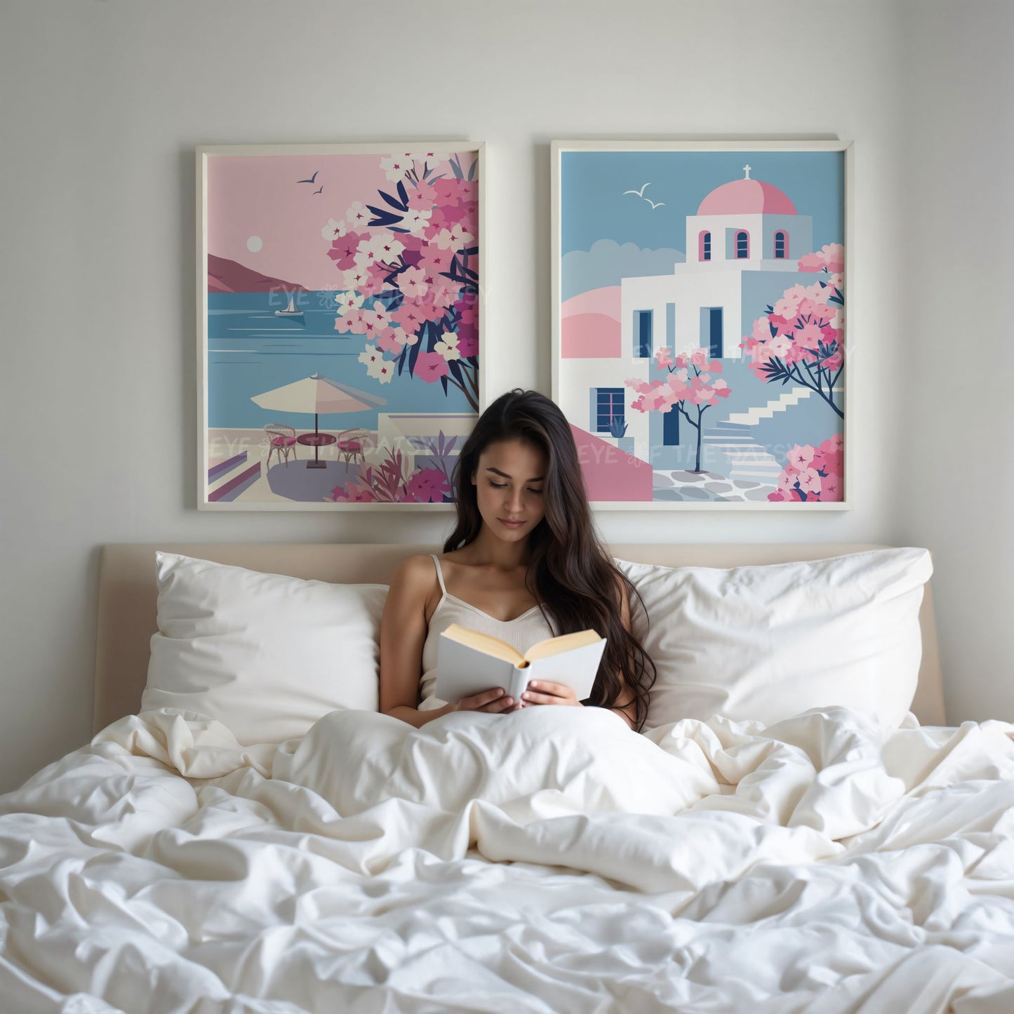 Greek island printable posters set of 2, Paros sea view and flowers, digital wall art perfect for stylish coastal or holiday rental decor