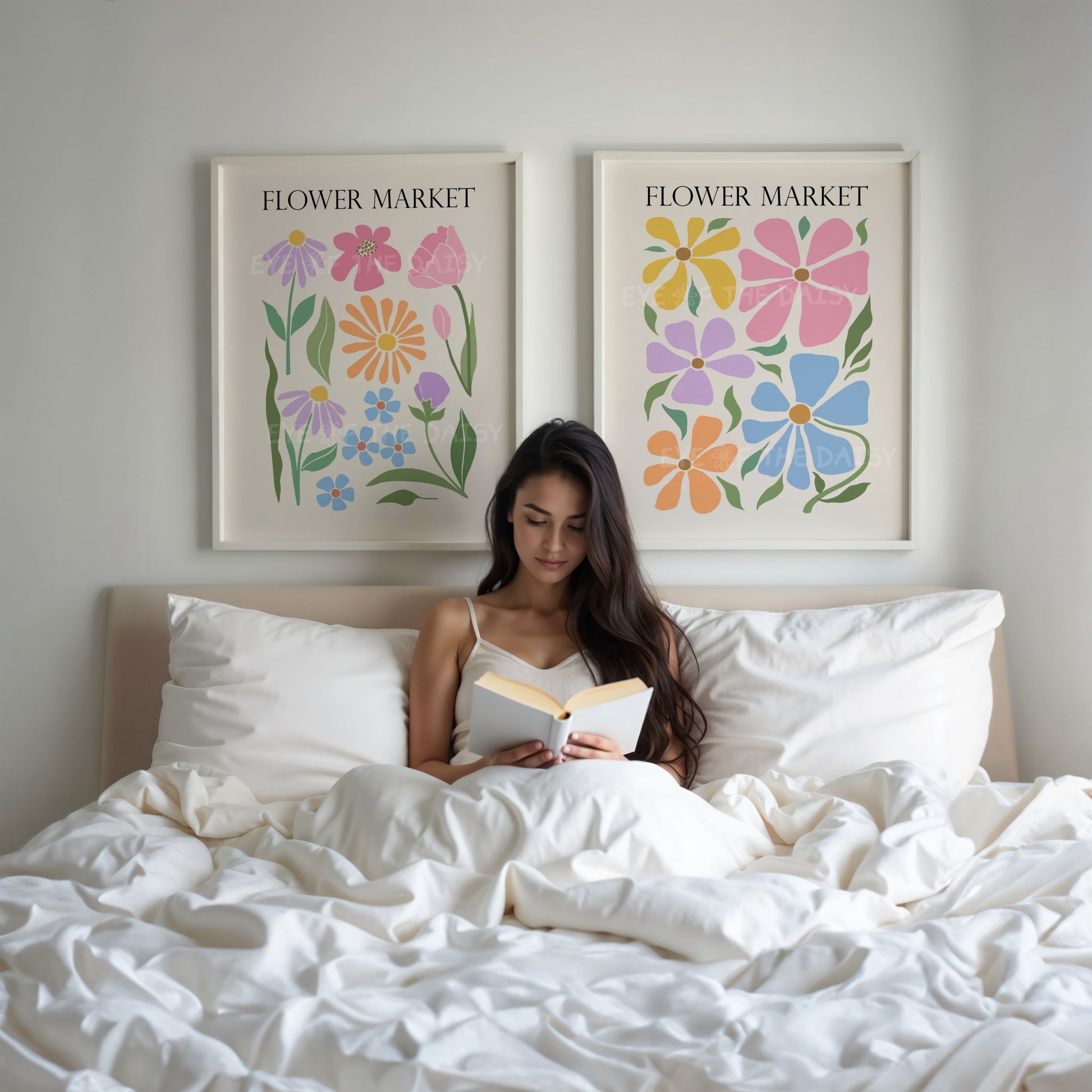 Pastel Flower Market print set – printable wall art trio in beige and rainbow tones, digital decor perfect for college dorm gallery wall