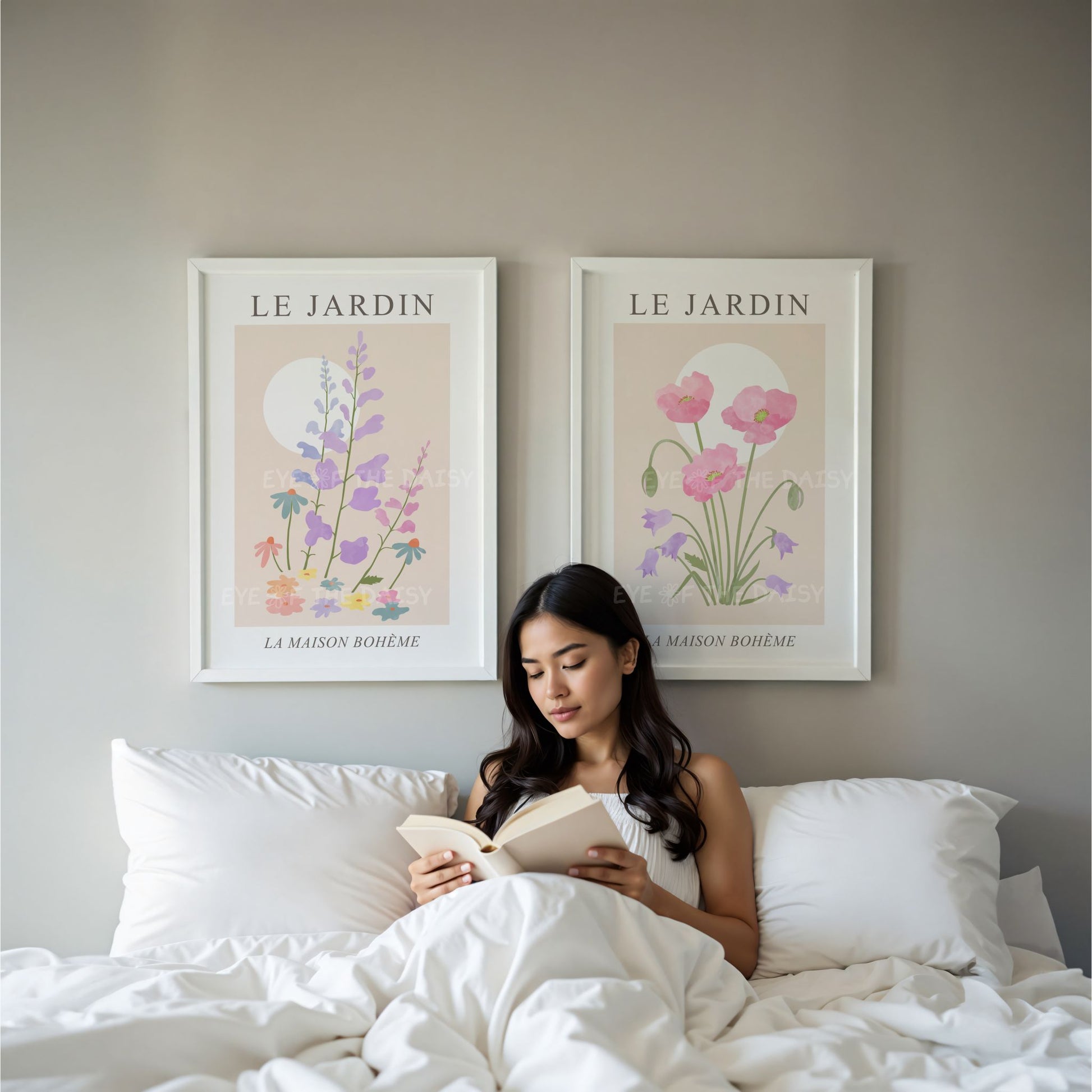 Pastel floral printable wall art set — pink poppies and wildflowers digital download, perfect boho chic DIY wall decor for vacation rentals