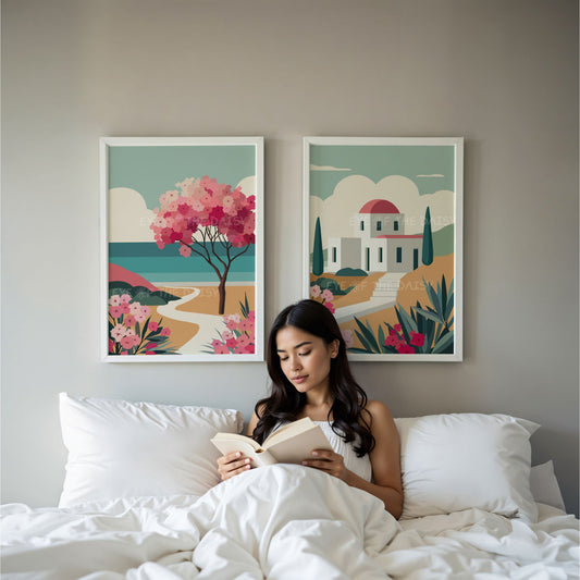 Set of 2 Greek island prints download with Cycladic architecture & landscape – great for summer rental wall decor