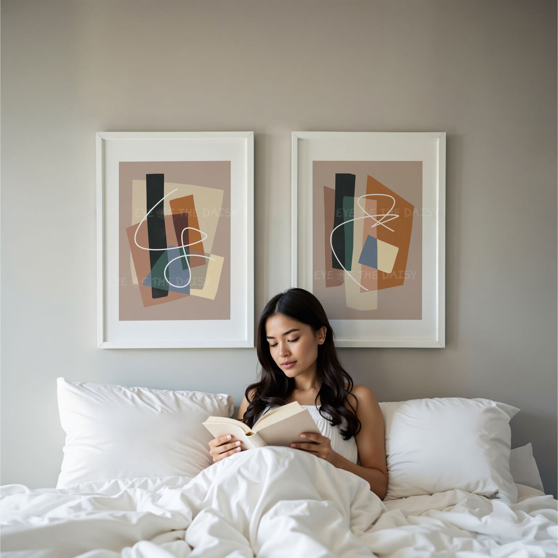 Muted minimalist abstract poster set of two, digital downloads in warm earth colors for sophisticated bedroom or vacation rental decor