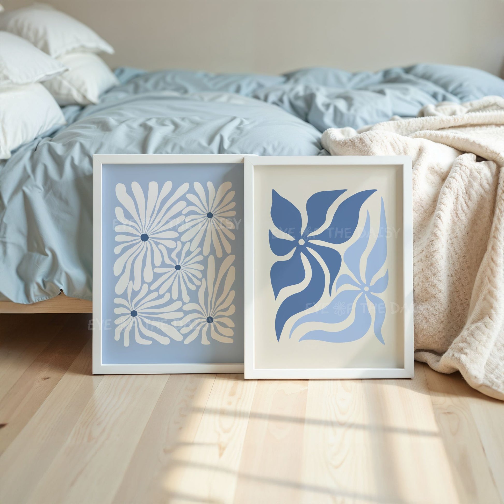 Modern abstract flower print set of 4 in blue beige tones – botanical cut-out shapes, digital download wall art perfect for clue bedroom decor