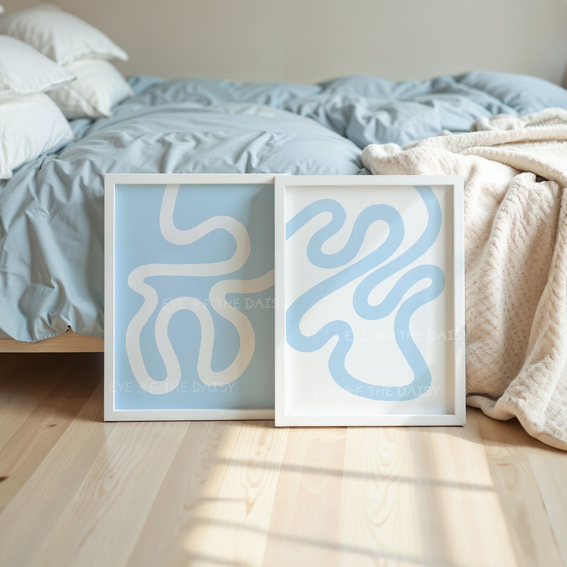 Two piece contemporary abstract wall art in sky blue & white, scribble line drawing printable wall art for light blue bedroom wall decor