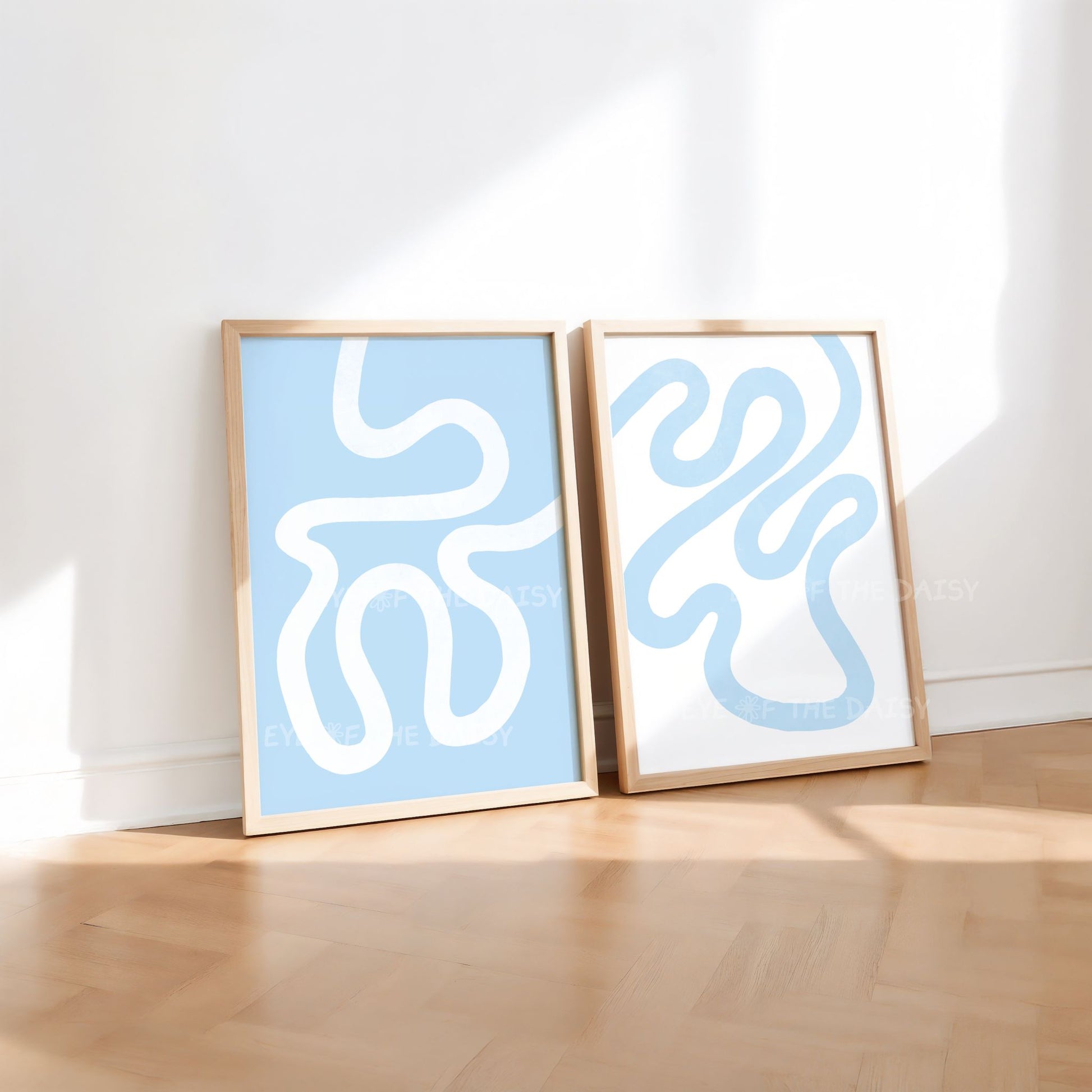 Light blue abstract prints set of 2 with sky blue and white minimal line designs, great for modern living room decor