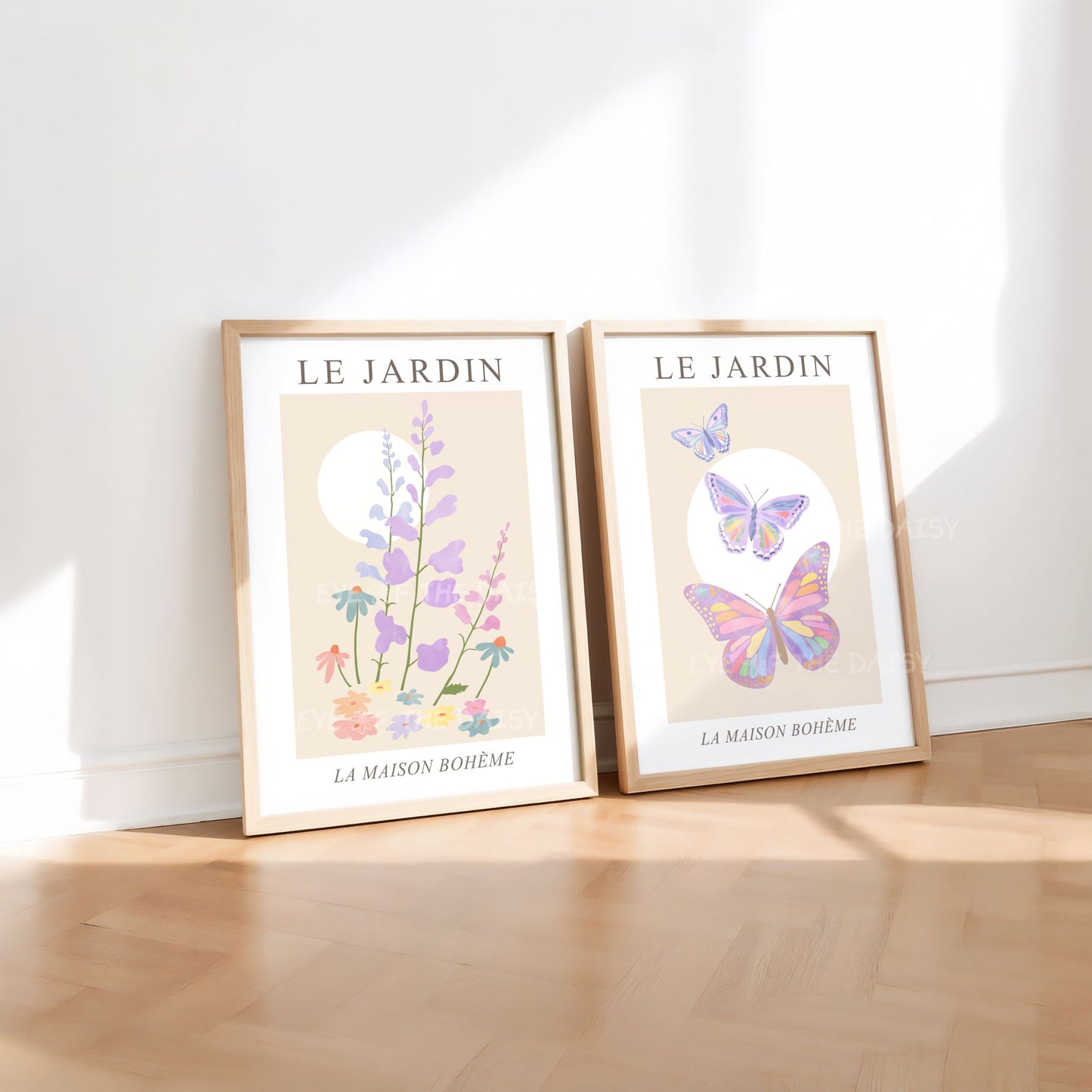 Cute butterfly and floral wall art set — Le Jardin pastel pink and lilac prints for girls’ nursery or toddler room printable wall decor