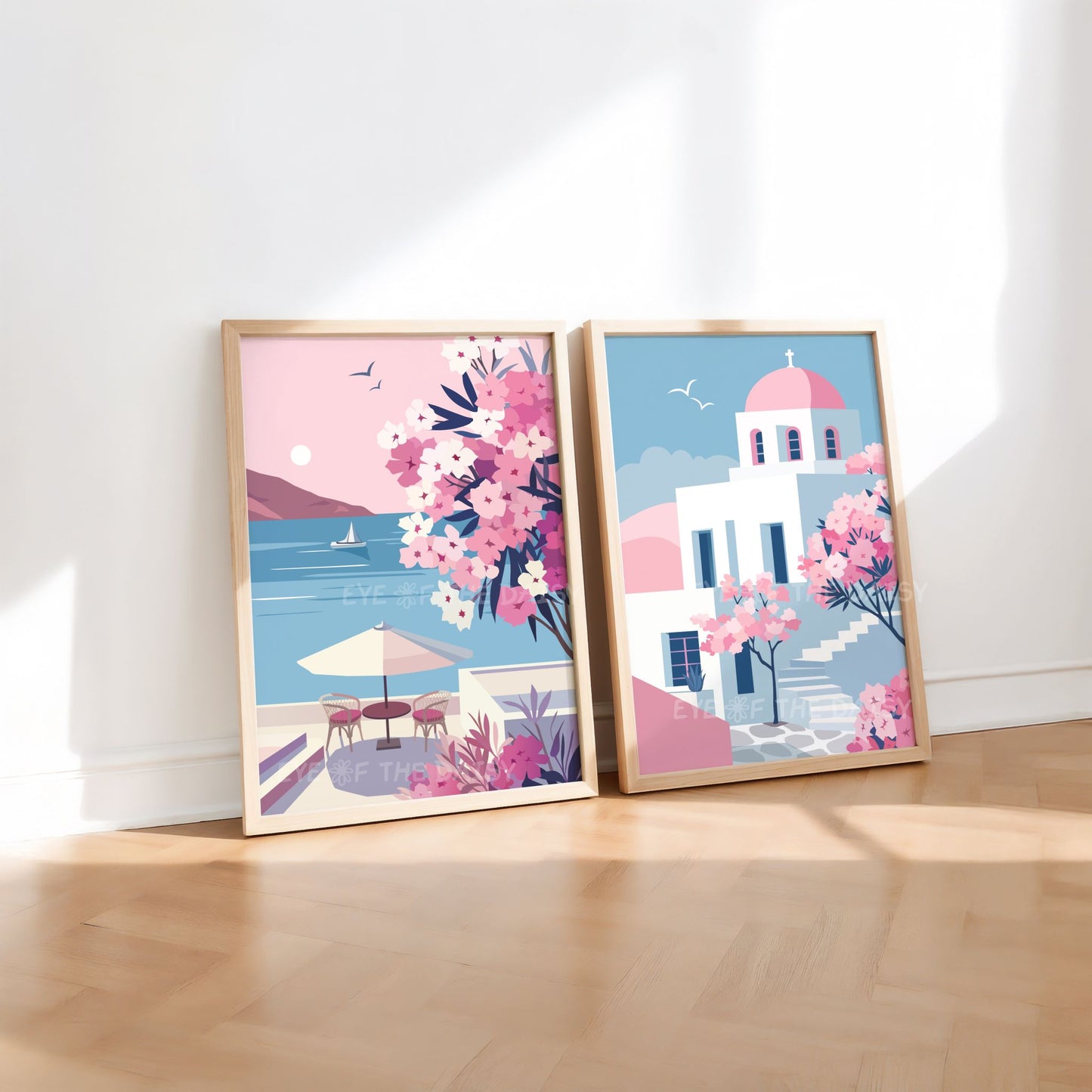 Printable Greek island wall art set of 2, Paros architecture and sea view in pink and blue tones, perfect for boho living room decor