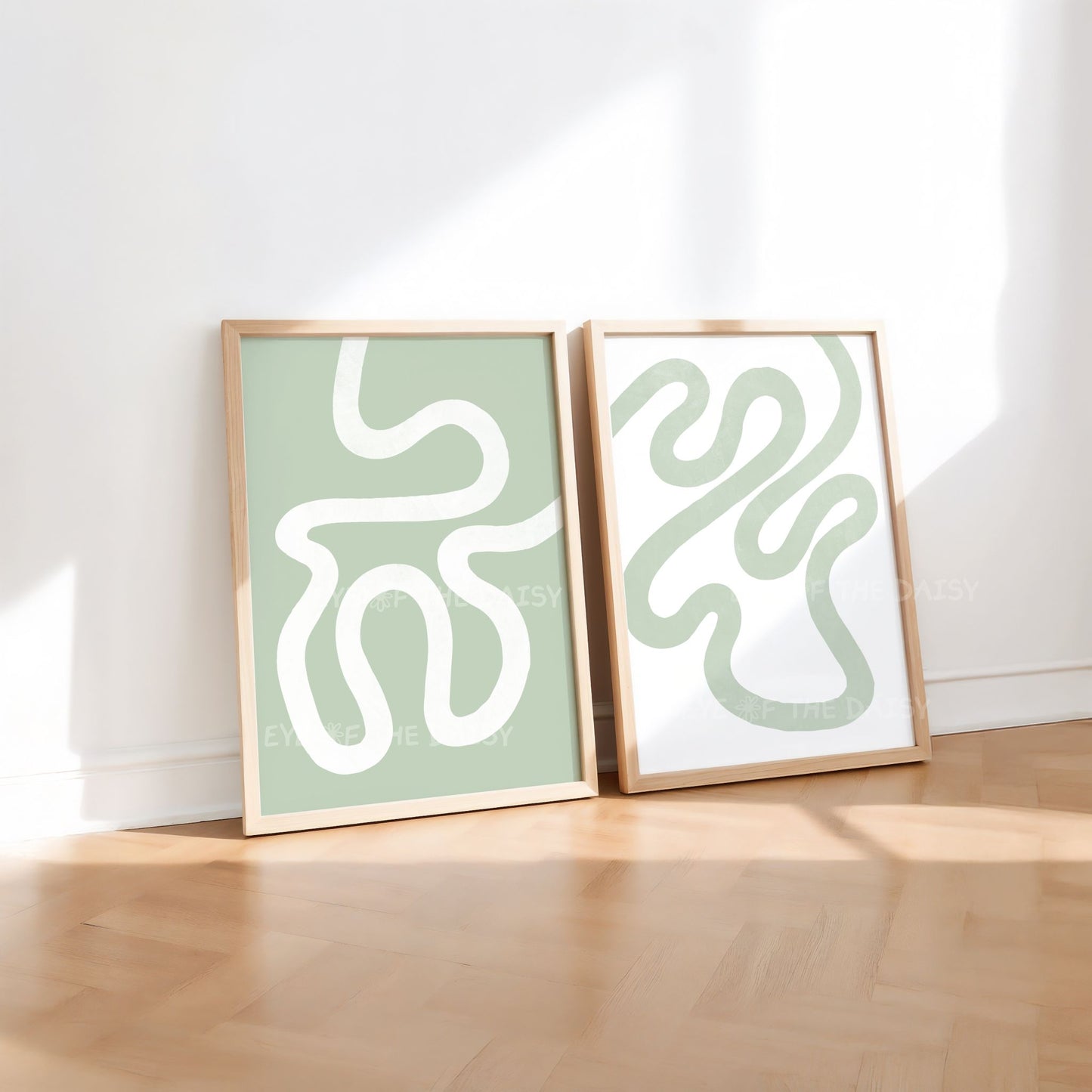 Set of two sage green abstract digital art prints with sage green and white minimal line abstract scribble designs