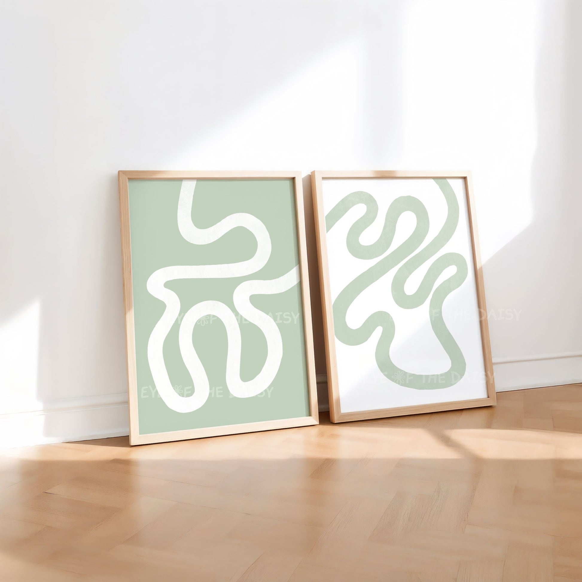 Set of two sage green abstract digital art prints with sage green and white minimal line abstract scribble designs