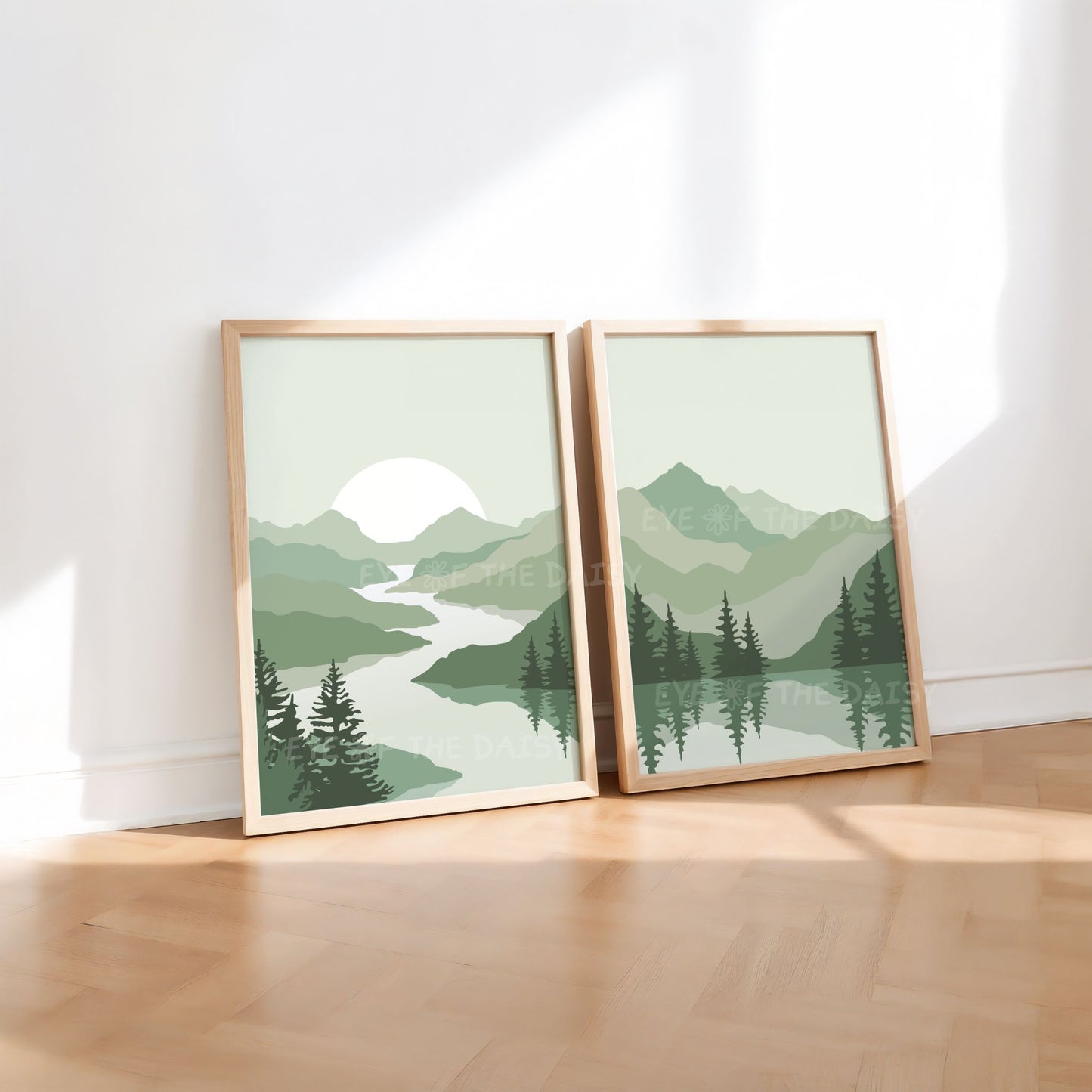 Minimalist sage green mountain printable wall art – calming nature print set of 2, ideal digital download for a mid-century home office