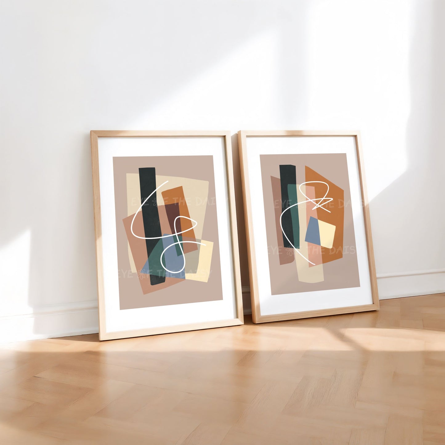 Contemporary abstract wall art set of two in neutral colors with geometric shapes and lines, printable art for minimalist decor