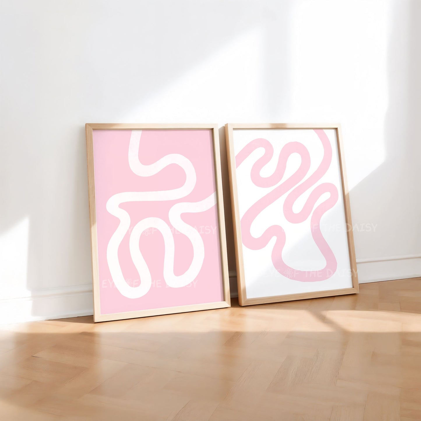 Two light pink abstract art prints digital download with pink and white minimal line designs for modern living room decor