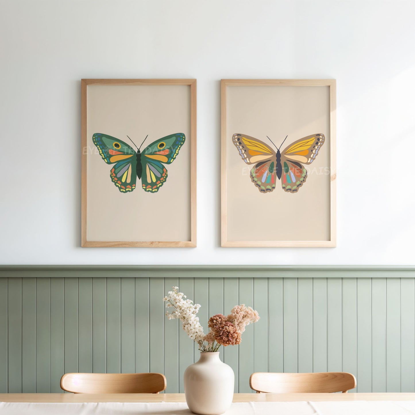 Printable butterfly DIY wall decor set – shabby chic style in soft neutral tones, download for cottagecore or grandmillennial homes