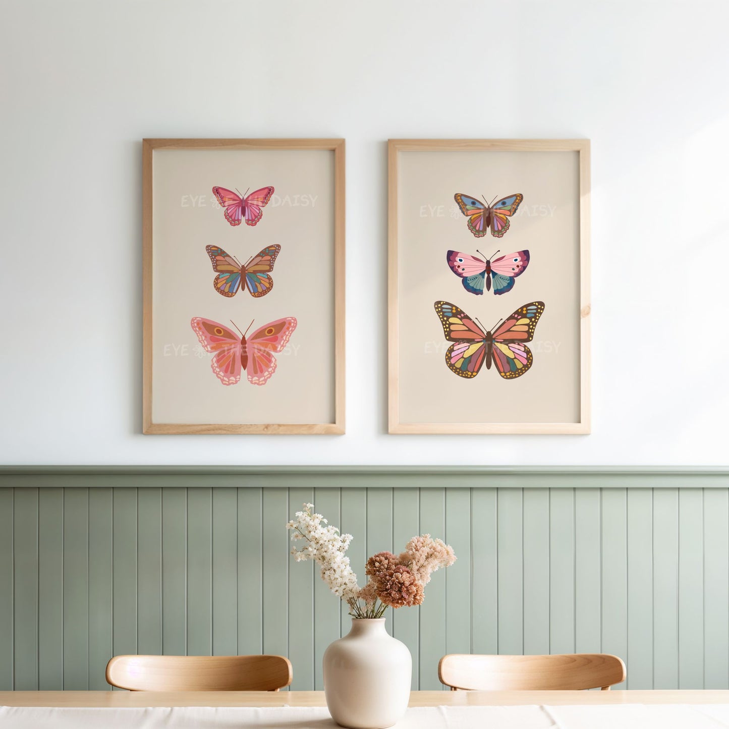 Two piece neutral tone boho butterfly wall art prints displayed in a kitchen, great for modern farmhouse decor