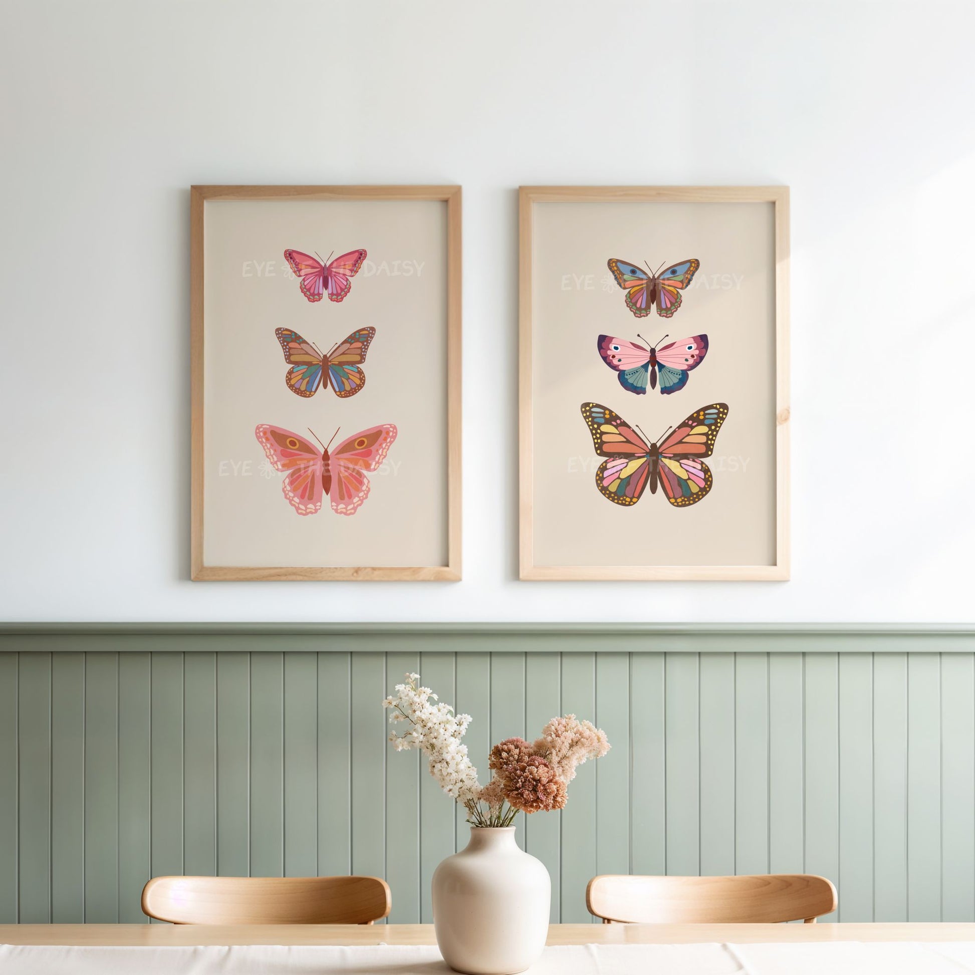 Two piece neutral tone boho butterfly wall art prints displayed in a kitchen, great for modern farmhouse decor
