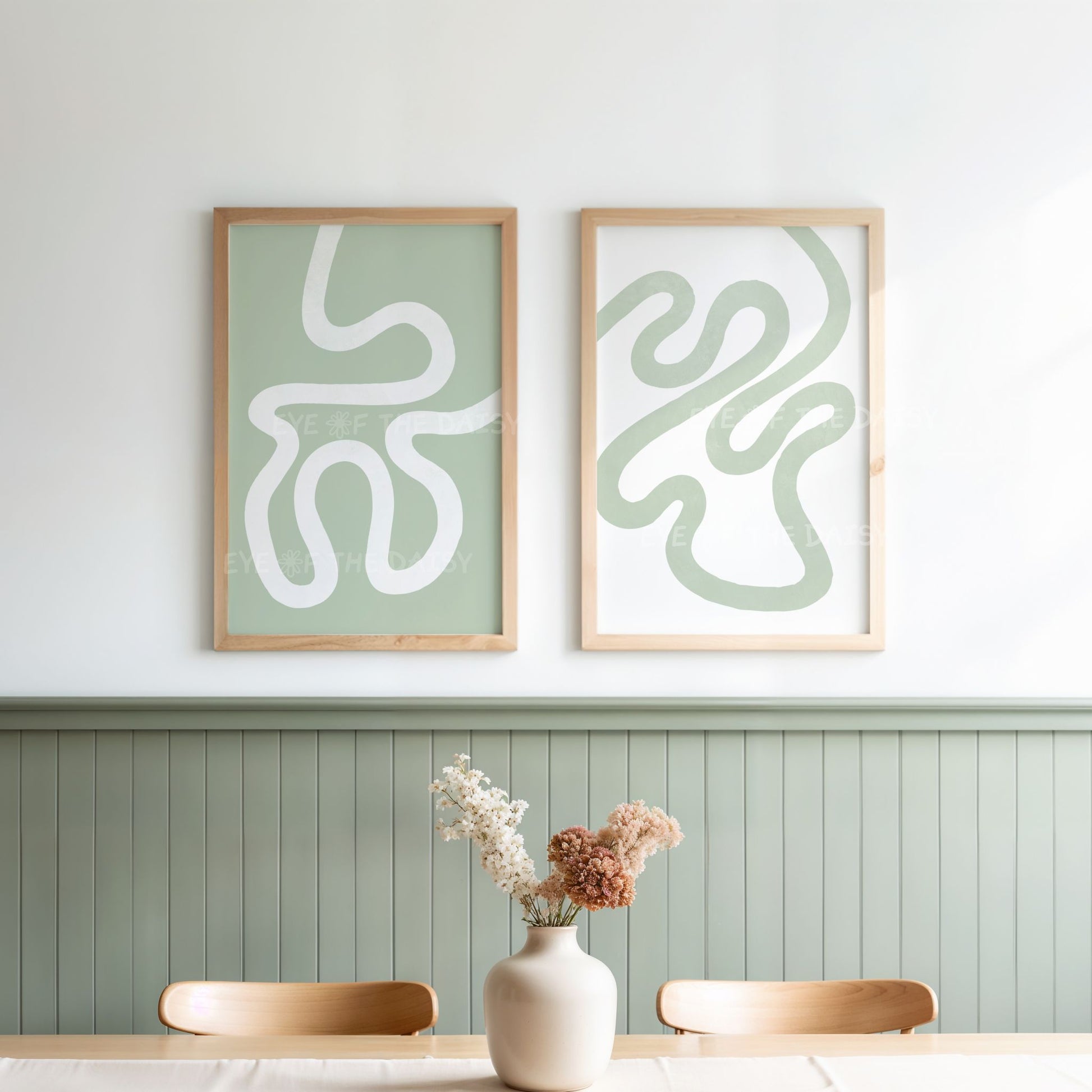 Set of two sage green abstract line art prints, minimalist boho wall art digital download for calming modern living room decor