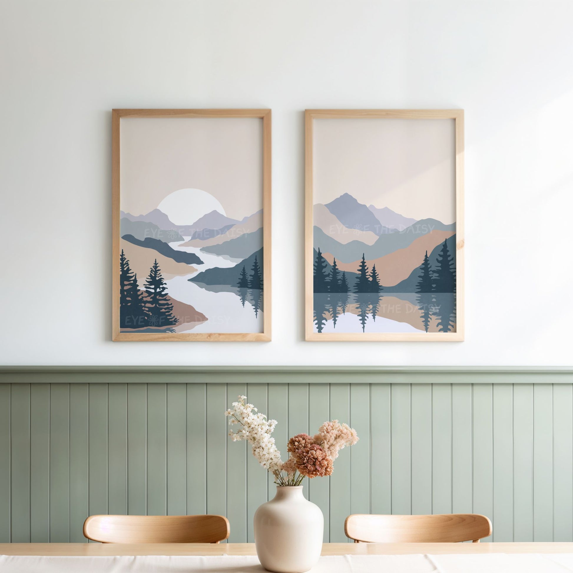 Modern landscape print set of 2 – calming abstract mountains, trees and lakes in navy and taupe, printable decor for home office decor