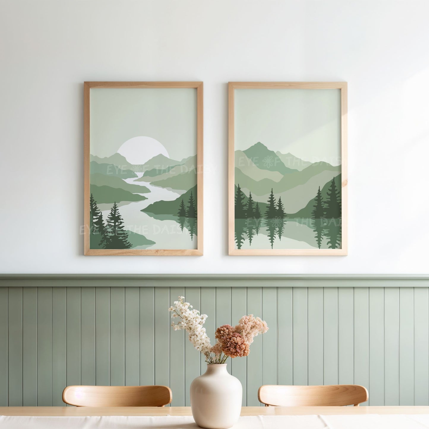 Boho abstract nature wall print set in sage green – mid-century style mountains, lake and trees, digital art print download