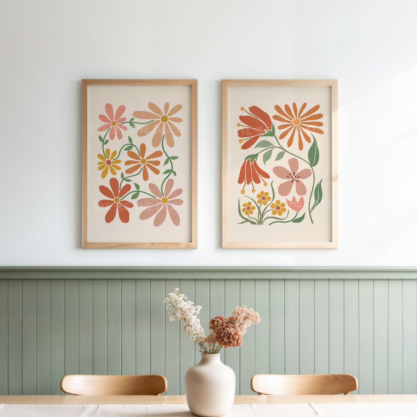 Two abstract floral art prints in terracotta, beige and brown, great as boho farmhouse kitchen wall decor
