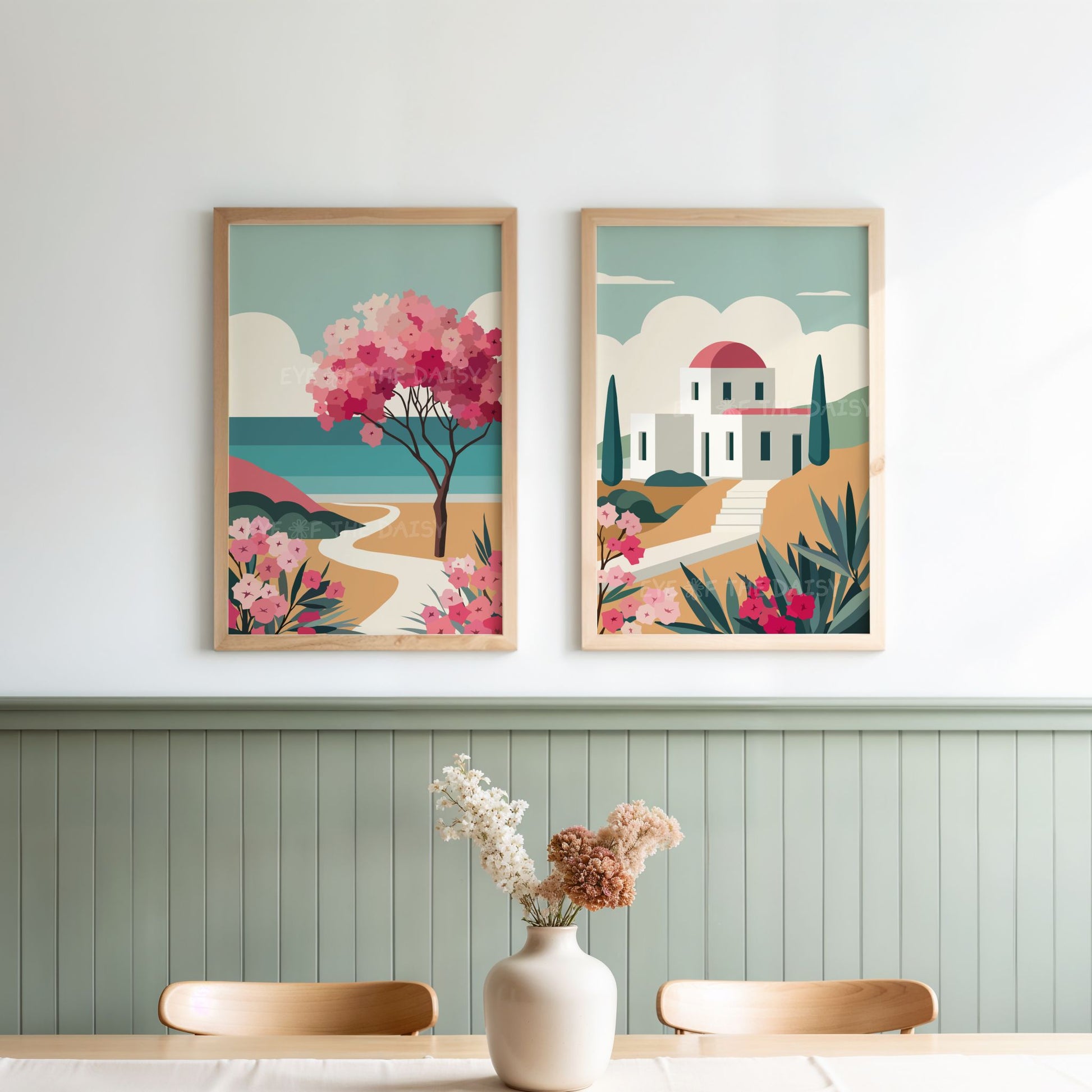 Modern Greece wall art prints with abstract Greek island landscape scene & Cycladic house – gives Mediterranean vibes