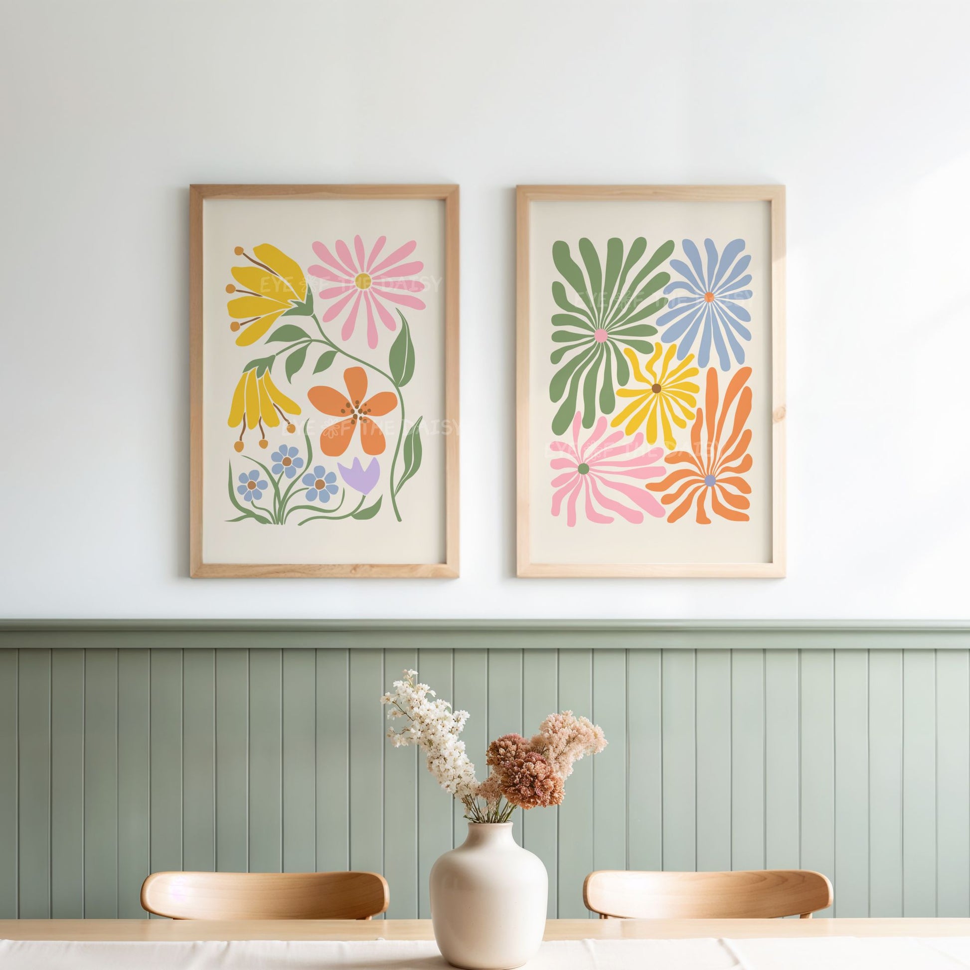 A set of two vibrant botanical abstract digital prints with colorful retro abstract flower cut-outs in 70s colour scheme