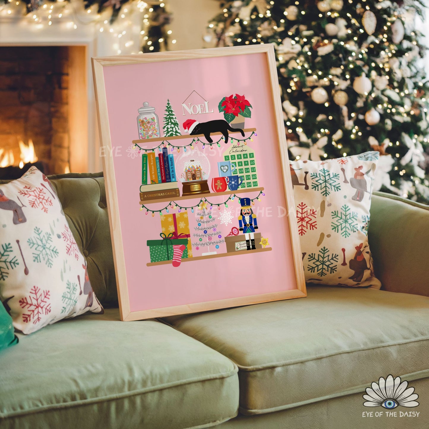Pink Holiday Shelves Print Digital Download | Christmas Bookshelf Printable Wall Art