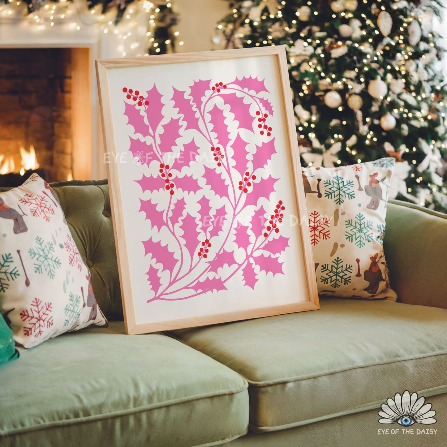 Pink Abstract Holly Print Download | Vibrant Modern Christmas Printable Wall Art